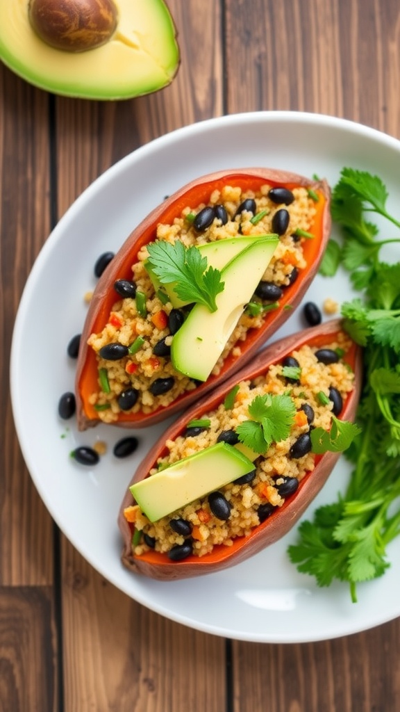 Stuffed Sweet Potatoes with Quinoa and Black Beans Stuffed sweet potatoes filled with quinoa and black beans, topped with avocado and cilantro, served on a rustic table.